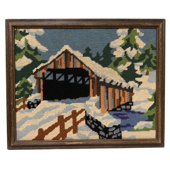 Vintage Framed Needlepoint Snowy Covered Bridge Retro Rustic Lodge Art 12.5x15 - Picture 1 of 8